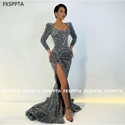 Long Sleeves Grey Mermaid Prom Dresses Elegant Mermaid Sequins Special Occasion Gowns 2021 Sexy Evening Party Dress With Slit