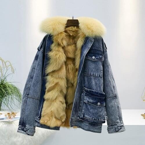 2019 Vintage Denim Parka Real Fur Coat Winter Jacket Women Natural Fox Fur Collar and Liner Loose Outerwear Oversized Mujer