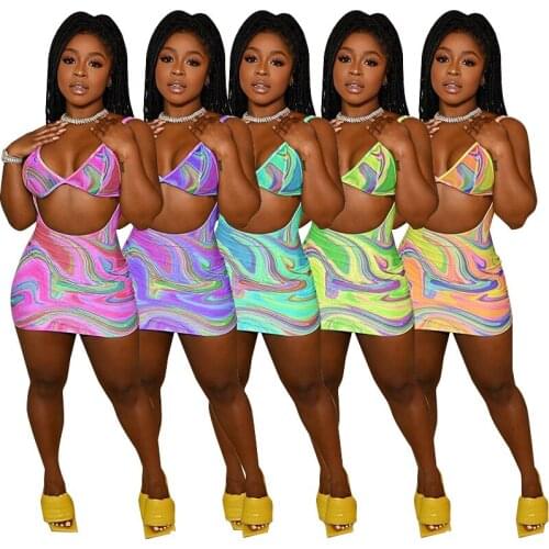 2021 Fashion Tie Dye Print Women Outfits Halter Bikini Top + Lace Up Dress Sets 2 Pieces Sexy Beachwear Matching Sets Night Club