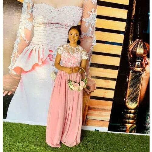 2021 A line Pink Chiffon Floor Length Bridesmaid Dress Short Sleeve Women Party Night Dress robe de soirée de mariage Elegant