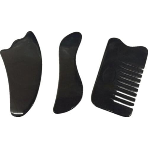 3pcs Black buffalo horn scraping board slab horn comb body face back neck massage facial guasha plate hand beauty salon comb