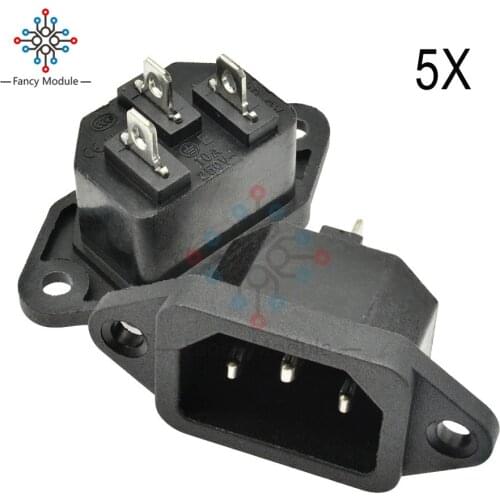 5PCS AC 250V 10A IEC 320 C14 Panel Mount Plug Adapter Iron Core Power Connector Socket 3 Pins Inlet Power Plug Socket