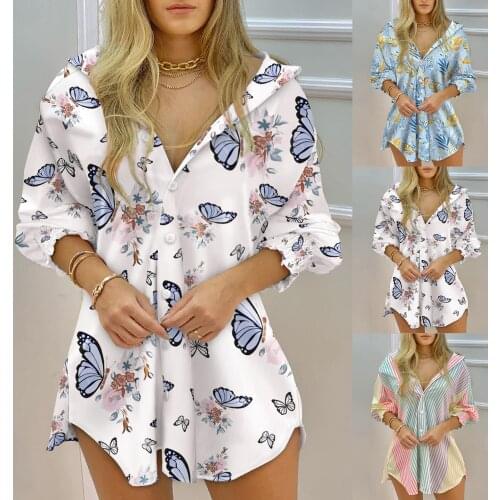 New Women Autumn Blouse 2021 Slim Fashion Lapel Long Sleeve Striped Print Shirt Casual Butterfly Blouses Streetwear Shirts Tops