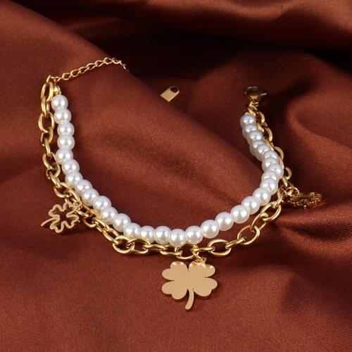 Clover Bracelets Unusual Pearl Bracelet For Women Stainless Steel Bracelet Butterfly Charms Chain Double-layer Bracelet Jewelry