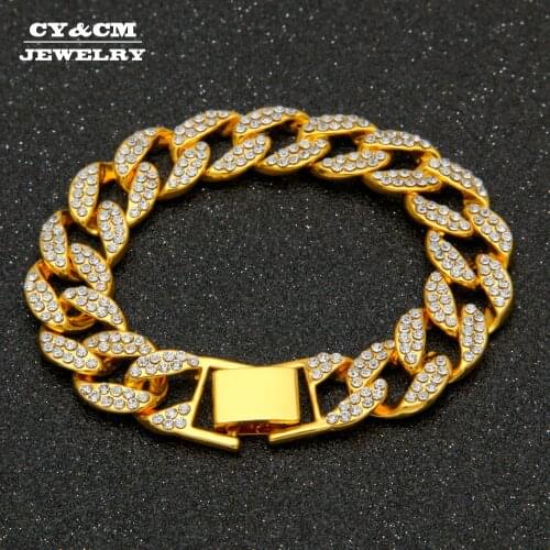 Iced Out 15mm Women Bling Full Rhinestone Miami Cuban Link Chain Hip Hop Bracelet Bangle Gold Silver Color Bracelets for Men