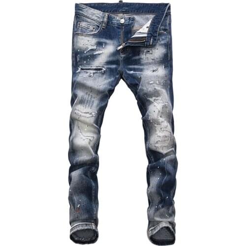 Italian Style Fashion Men Jeans Retro Blue Destroyed Slim Ripped Jeans Men Streetwear Painted Designer Hip Hop Denim Punk Pants