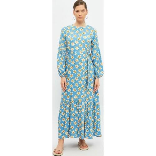 Trendyol Modest Blue Belted Flower Detail Dress Hijab clothing, dress, muslim fashion, 100 cotton, casual, discount