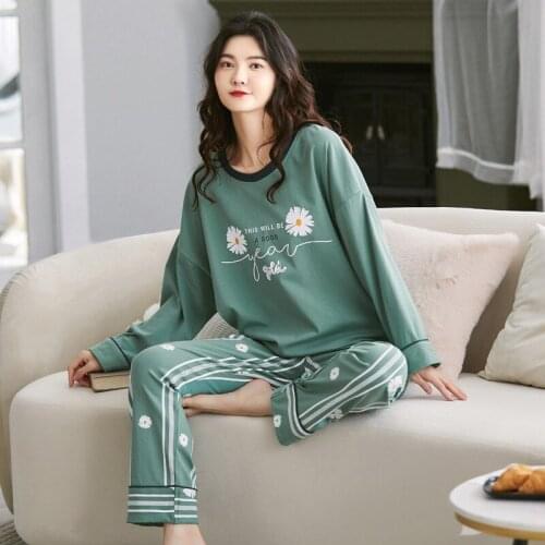 Cotton Long Sleeve Home Clothes Casual Loose Pijamas Autumn Winter Warm Sleepwear Women Dark Green Daisy Print Women Pajama Set