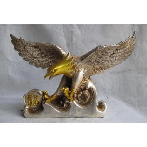 Chinese White Copper Silver Gilt Feng Shui Money Fly Wing Eagle lanneret Statue
