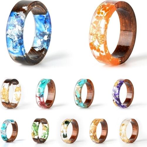 11 Colors Real Dried Flower Wood Ring Transparent Handmade Flower Resin Wood Ring For Women Men Vintage Jewelry Shellhard