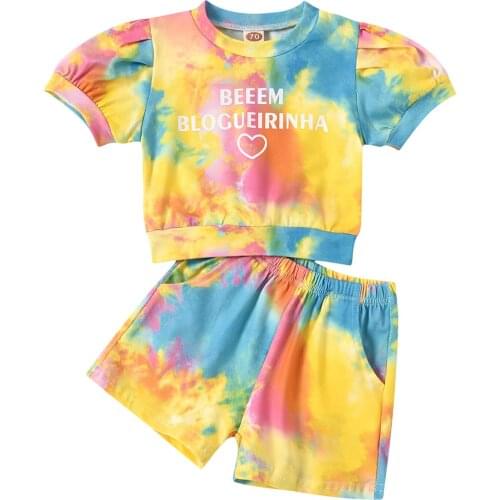 Summer Newborn Baby Girl Tie-dyed Outfits Clothes Letter Short Puff Sleeve T-shirts+Elastic Waist Shorts 2Pieces Girl Sets 0-24M