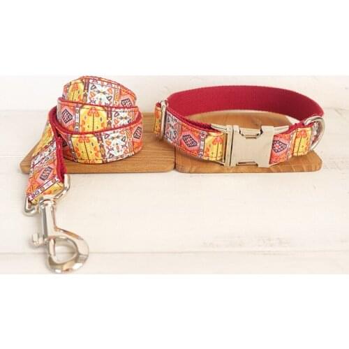 Red Bohemian Pet Dog Collar Leash Set for Small Medium Large Dogs, Dog Collar Lead Breakaway Collars for Dog puppy Pet