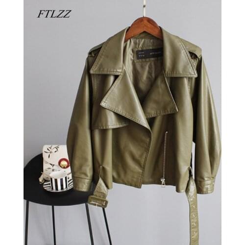 FTLZZ New Autumn Pu Motorcycle Faux Soft Leather Women Jacket Coat Turn-down Collar Long Sleeve Epaule Female Loose Short Jacket