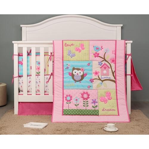 Best Selling Baby Girl Bedding Set Cotton Baby Cot Organizer Cuna Quilt Crib Bumper Sets 7pcs Embroidery Owl Butterfly Flowers