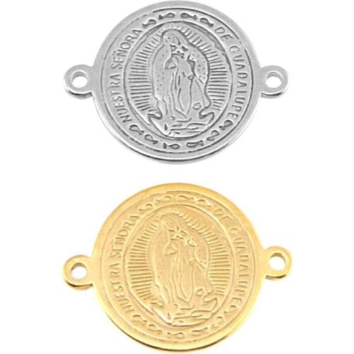 Risul Our Lady virgen de guadalupe stainless steel 14mm small charms gold color medal tags round 2 loops Pendant 10pcs