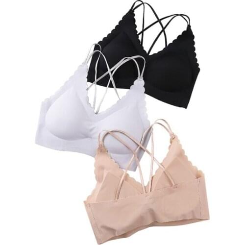 Fashion Womens Sports Bra Padded Removable Tube Top Seamless Bras Wireless Cross Back Support Strap Yoga Bra Deep V Solid Color