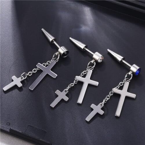 Mens Cross Earring in White or Black, Wire Hoop Dangle Cross Earrings, Cross Earring For Guys, Black Cross Earring, 552YW