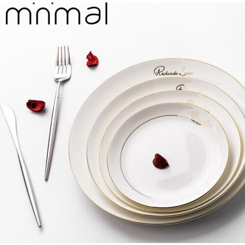 Gilt Rim White Porcelain Dinner Plate Set Kitchen Plate Ceramic Tableware Food Dishes Rice Salad Noodles Bowl Mug Cutlery Set 1p