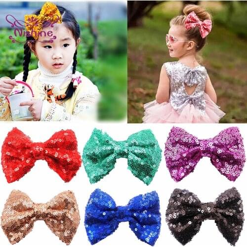 Nishine 10*8 CM Solid Color Sequins Bowknot Baby Girls Duckbill Clips DIY Handmade Bows Children Stage Headwear Princess Hairpin