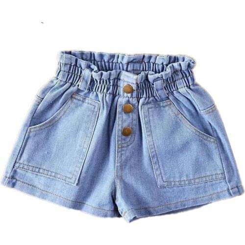 New Summer Fashion baby Girls Soft Denim Short Pure color High waist ButtonJeans Kids All-match leisure Shorts 3-13Y