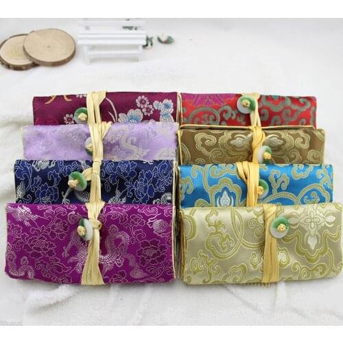Wholesale 10pcs Chinese Vintage Silk With Jade Jewelry Rolls Pouch Purse Gift Bag