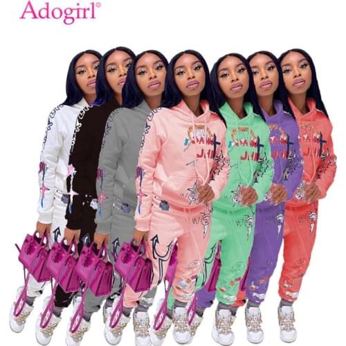 Adogirl Autumn Fashion Print Hoodies Two Piece Set Casual Long Sleeve Hooded Sweatshirts With Pocket Pencil Pants Tracksuit