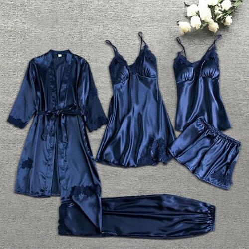Blue Silk Pyjamas Summer Autumn Spring 5 Pieces Set Women Pajamas Set Top Elastic Waist Pants Lounge Sleepwear Homewear