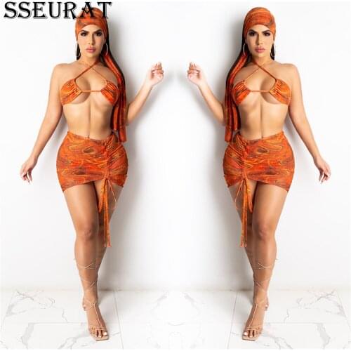 SSEURAT Beach Bikinis 4 Piece Set Women Wire Free Halter Bra Drawstring Shorts Shirring Elastic Skirts Long Headscarf Swimsuits