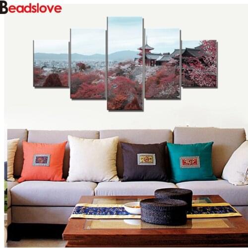 Full Drill Square Round Diamond Paintings 5 Pieces Japanese Temples Landscape Diamond Mosaic Diamond Embroidery Cross Stitch