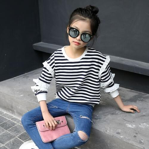 Striped Kids Girls School T-shirt Ruffle Long-sleeve Tee for Girls Tops 2018 Spring New Teenage Girls Clothes