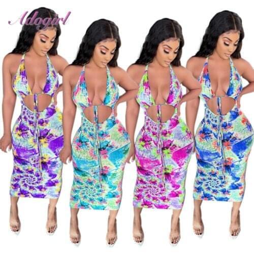 Casual Tie Dye Print Halter V Neck Backless Midi Dress Women Sexy Rib Knit Bandage Party Club Dress Summer Outfit Beach Vestidos