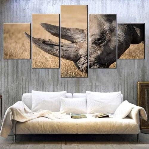 Modern Canvas HD Prints Modular Pictures Home Decorative 5 Piece Grass Mammal Rhino Paintings For Living Room Wall Art Framework