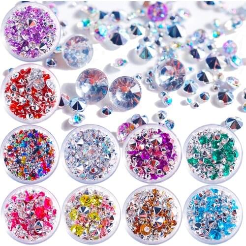 1.5-6mm Mix Sizes Mixed color Pointback Glitter Acrylic Crystal Rhinestone Nails Design Decoration Gems For Woman