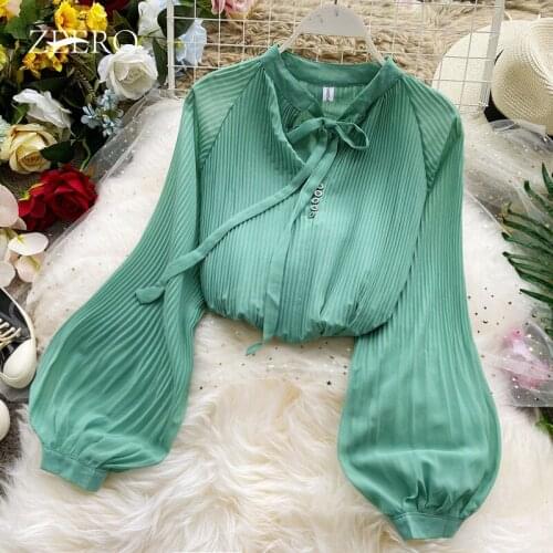 Spring Korean Woman Loose Pleated Raglan Lantern Long Sleeve Tops Female Bow Tie Buttons Commute Blouse Women Shirts Blouses