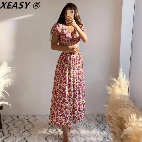 XEASY Women 2021 Fashion Floral Print Chic Front Slit Midi Dress Vintage Puff Sleeve Back Elastic Female Dresses Mujer Vestidos