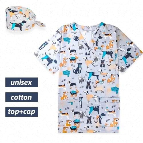 XXS-4XL Scrub T Shirt Cotton Scrub Top Unifrom Cap Anime Printed Physician Uniforms Tops Caps For Nurses and surgeon