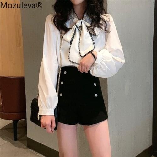 Mozuleva Women Long Sleeve Shirts White Blouses Vintage Korean 2020 Sweet Bow Loose Ladies Blouse Office Lady Sweet