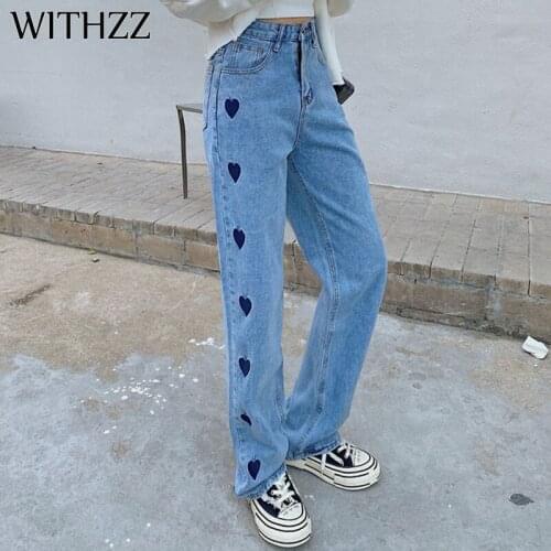 WITHZZ Spring Autumn Womens High Waist Denim Pants Retro Loose Droop Heart-shaped Embroidery Wide Leg Trousers Asian Size Jeans