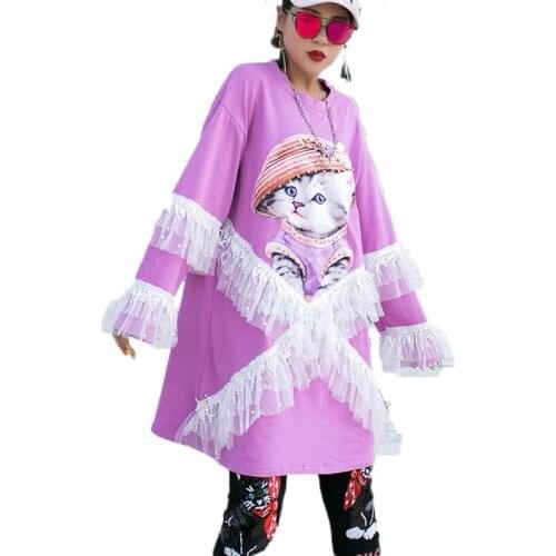 Women Sweaters Crossed White Lace Ruffles Rivets Long Pullover Cartoon Printing Loose 2020 Autumn Winter Oversized Knitwear