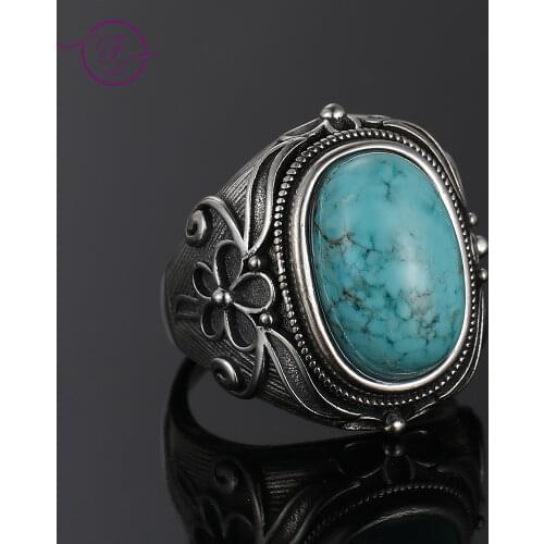 Natural Turquoise Ring Lady 925 Silver Jewelry Retro Party Ring 11X17MM Large Ellipse Gem Gift Wholesale
