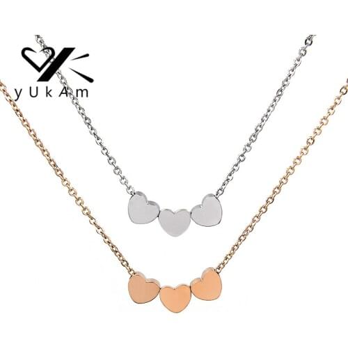 YUKAM Silver Color Stainless Steel 3 Heart Pendants Necklaces for Women Chockers Love Heart Short Chain Necklaces Collier Femme