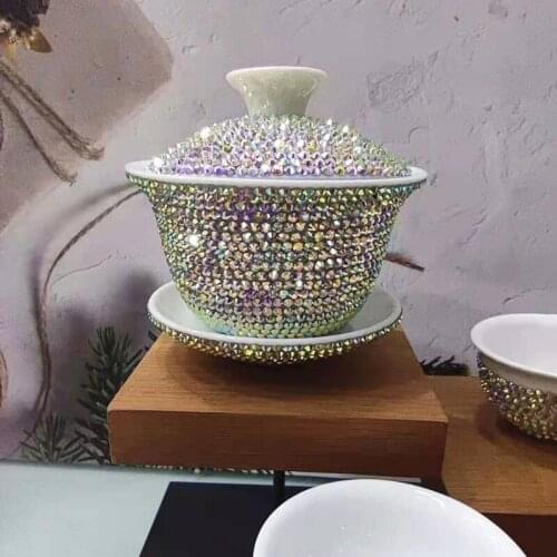 1 Sets Diamond Flash Kungfu Tea Set Ceramic White Porcelain Cover Bowl Drinkware Teacups Tea Making Equipment For Women Gifts