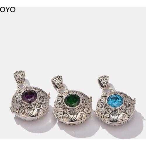 S925 Sterling Silver Skeleton Openable Green Crystal Gawu Box Baroque Carved Vintage Thai Silver Pendant