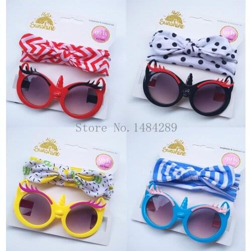 2Pcs/Set Cute Children Baby Girls Sunglasses Turban Headband Hair Band Anti-UV Cartoon Glasses Knot Bow Headband Kids Photo Prop
