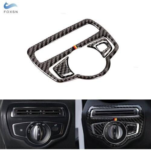 3pcs Car Styling Real Carbon Fiber Headlight Switch Frame Cover Decor Trim For Mercedes Benz C Class W205 C180 C200 C300 GLC260