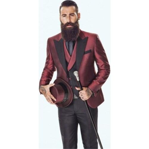 Shiny Burgundy Groom Tuxedos Groomsman Men Suits For Wedding Dinner Suits Business Suits Best Man Wear 3 Piece(Jacket+Pant+Vest)