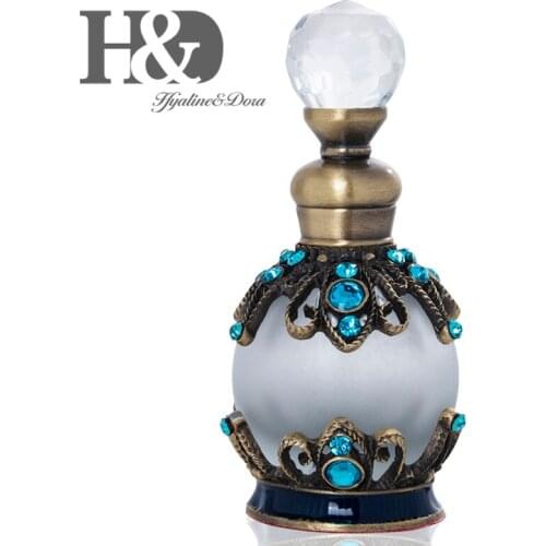 H&D 15ml Antiqued Metal Glass Perfume Bottle With Blue Crystals Empty Refillable Fragrance Container Home Wedding Decor Gift
