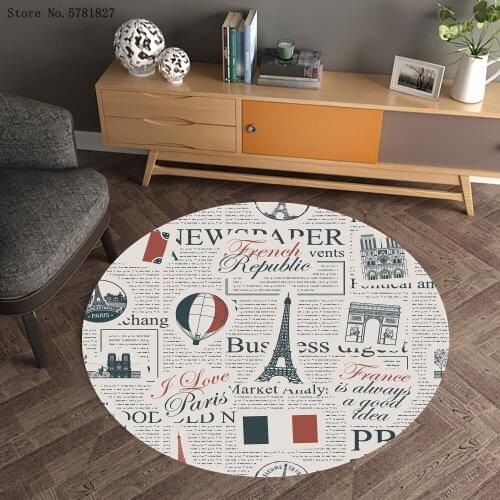 Newspaper Round Carpet 3D Print Eiffel Tower Carpet For Living Room Mat Home Custom Retro Floor Rug Doorway Floor Carpet