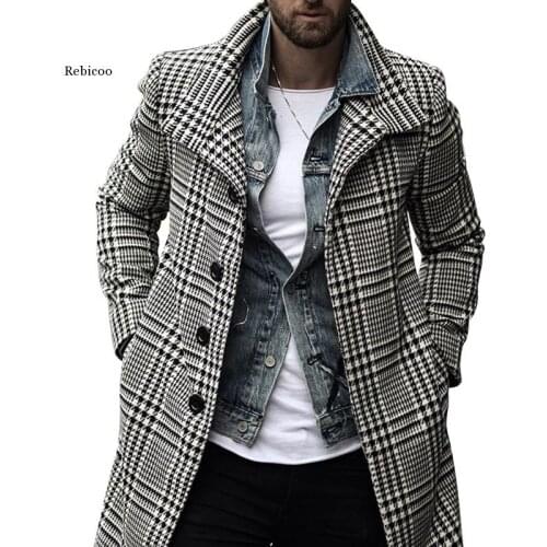 Winter Wool Jacket Men Blends Autumn Windbreaker Black White Plaid Trench Coat Outwear Men Slim Fit Coats Jackets