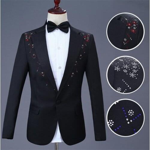 Hot drilling blazer men suit set with pants black mens wedding suits costume singer star style stage clothing formal dress black